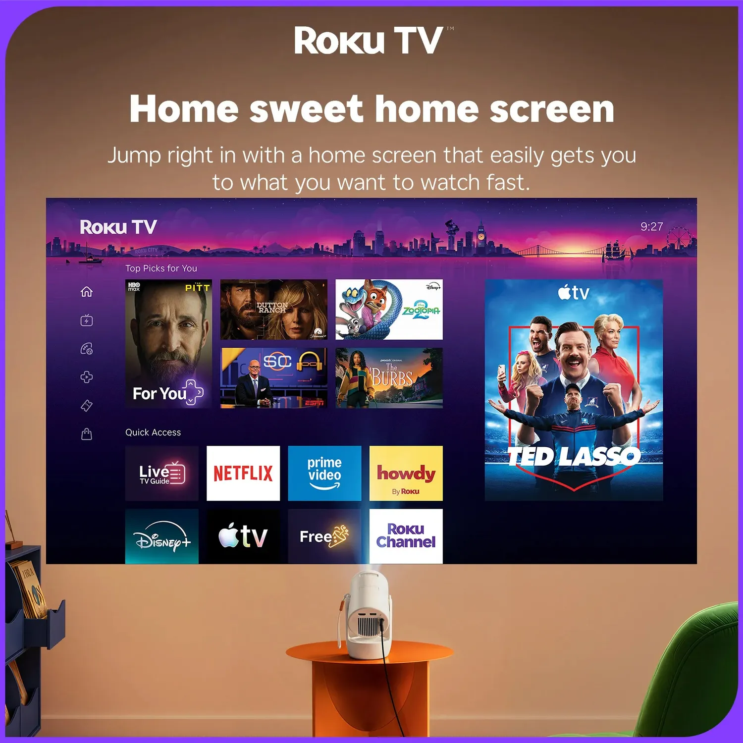 Aurzen EAZZE E1R miniprojektor Roku TV bærbar