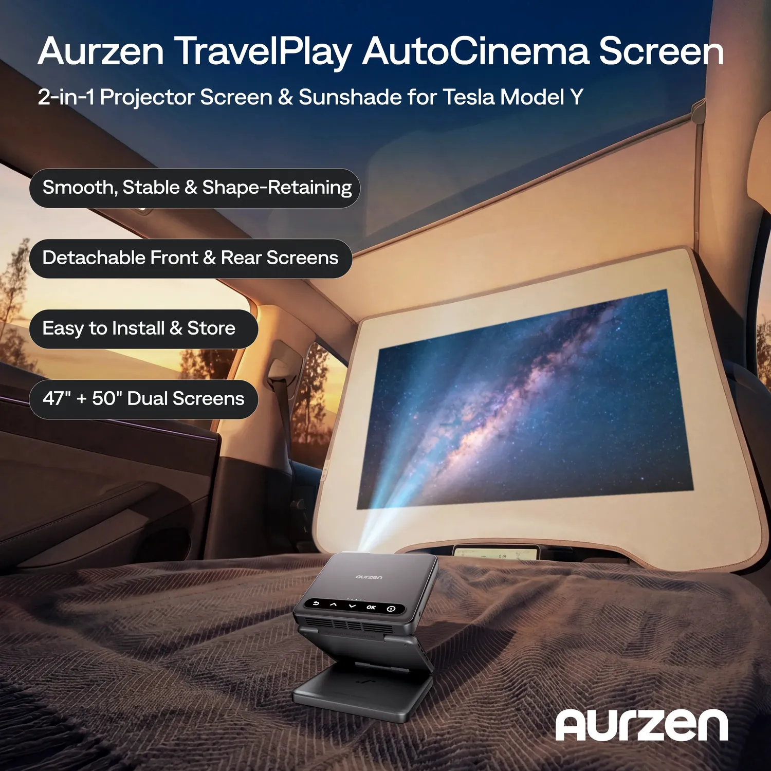 Aurzen TravelPlay AutoCinema lerret Tesla Model Y