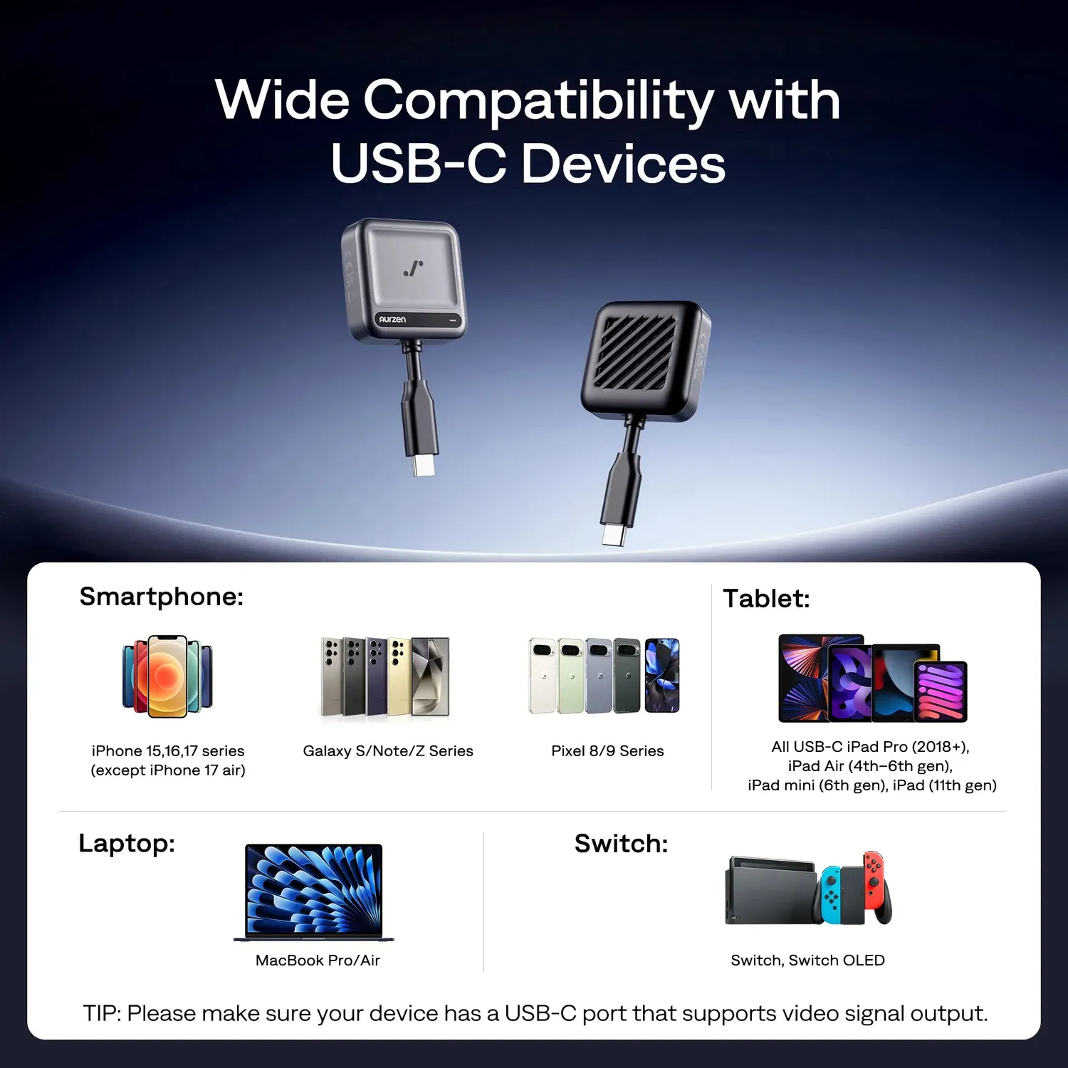 Aurzen CastPlay Pro dongle USB-C til ZIP svart